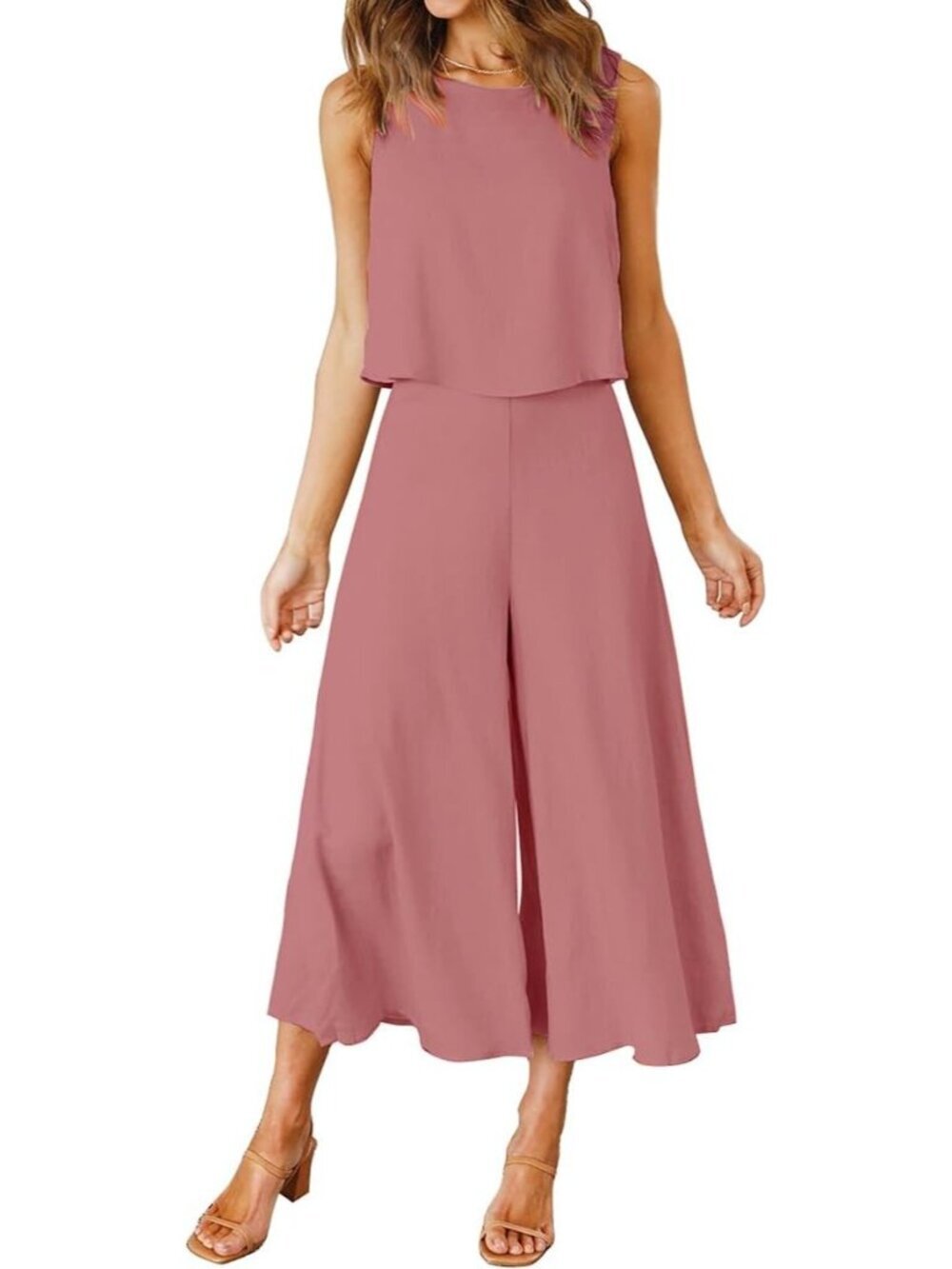 Women's Summer 2 Piece Cherry Pink Round Neck Cropped Wide Leg Jumpsuit